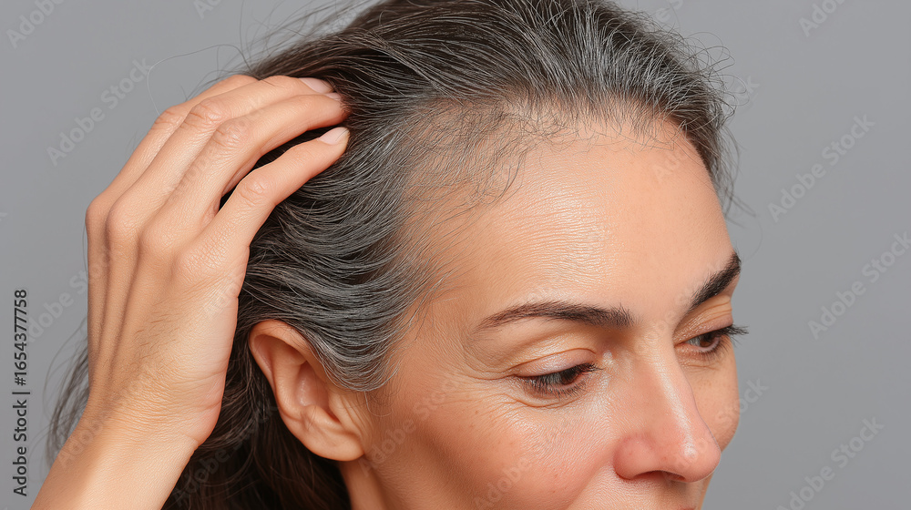 Fototapeta premium Frontal shot of woman with gray hair touching head in neutral pose with calm expression on gray background