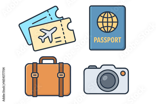 Travel essentials icon set. Color vector illustration of flight tickets, passport, luggage and camera. Tourism and vacation accessories. Airline journey and holiday trip concept.