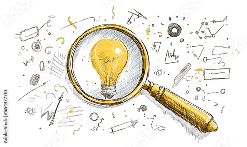 Idea magnifying glass surrounded by sketches