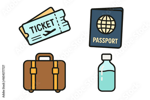 Travel essentials icon set for vacation and journey. Airline ticket, passport document, luggage suitcase and water bottle. Flat cartoon vector illustration for tourism concept.