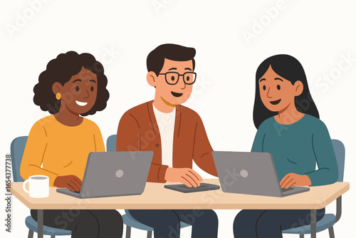Teamwork concept with diverse business people working on laptops. Cartoon vector illustration of a multi-ethnic team collaborating in an office. Flat design for business.