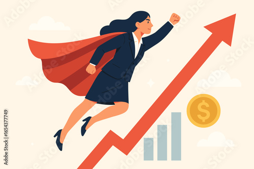 Super businesswoman with superhero cape flying up along growth arrow chart. Financial success and career boost concept. Woman power, leadership and empowerment vector illustration.