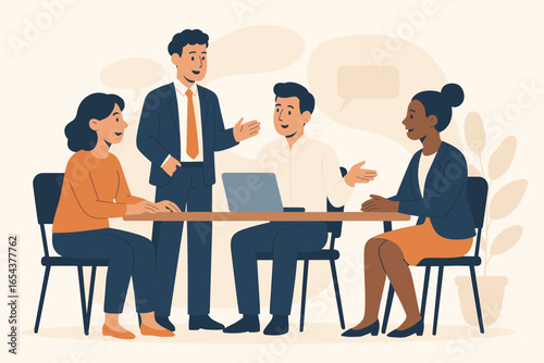 Team discussion business meeting. Group of diverse people collaborating. Corporate teamwork. Office workers talking. Brainstorming session. Strategy planning. Flat vector cartoon.