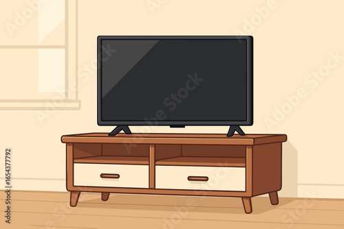 TV on a stand in a living room. Vector cartoon illustration of home interior with furniture. Turned off flat screen television with blank display for mockup. Media concept.