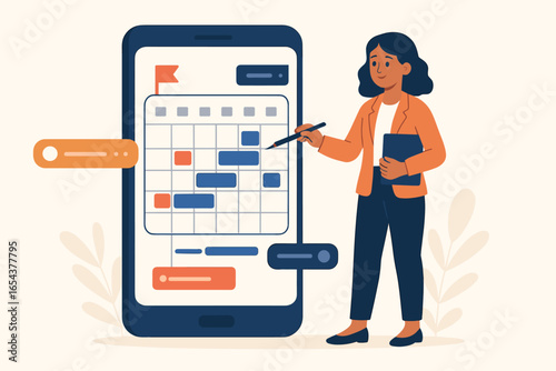 Time management and project planning concept. Project manager woman scheduling tasks on a calendar app on a smartphone. Business organization, productivity, Gantt chart.