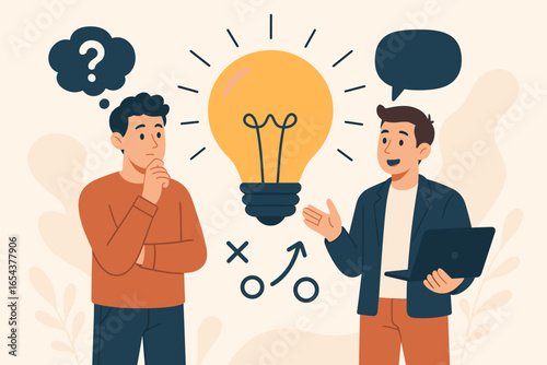 Innovation and startup company concept. Two entrepreneur men with a big idea lightbulb. Thinking and planning new business strategy. Teamwork and brainstorming metaphor.