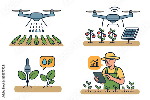 Smart farming technology icon set. Farmer uses drone for spraying & irrigation. Agricultural innovation concept. Precision agriculture, agritech, IoT sensors, solar power.