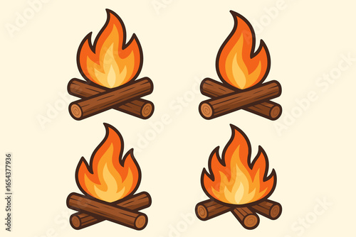 Set of 4 Cartoon Campfire and Bonfire Vector Illustrations, Outdoor Fire Icons, Camping Fire Graphics Collection with Light Background, Nature, Warmth