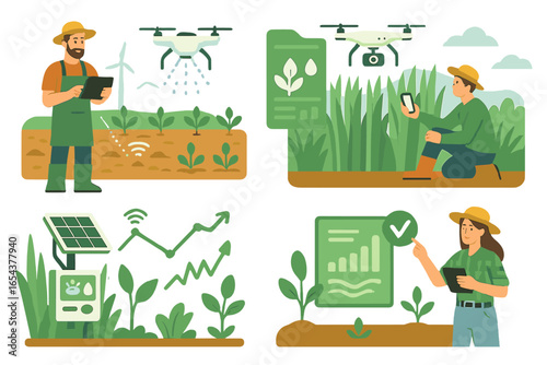 Smart farming technology vector illustration set. Farmer characters use drone, tablet, sensors for crop monitoring. Precision agriculture, agritech, IoT, and data analysis concepts.
