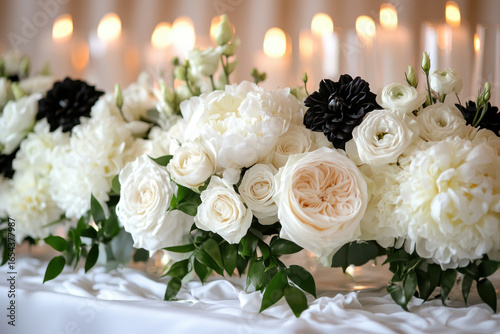 White and black wedding flowers arrangement.
