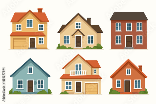 Set of vector houses in flat design. Collection of cartoon suburban homes. Real estate property icons. Various house front view facades. Residential building architecture illustration.