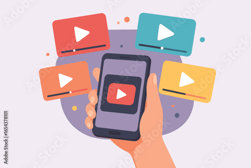 Watching videos on a mobile phone screen. Vector illustration of online video channel content, multimedia streaming service. Colorful viral tube windows, entertainment app concept.