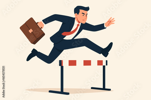 Businessman with briefcase jumping over a hurdle. Overcome obstacle and business challenge concept. Reaching success, achieving goals, ambition, determination, leadership.
