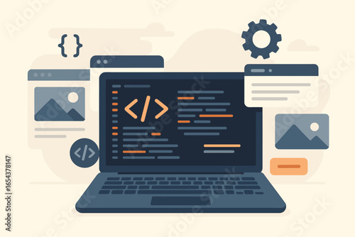 Web programming and development concept. Laptop with code on screen. Website UI UX design and layout. Software engineering, app creation, front-end coding vector illustration.