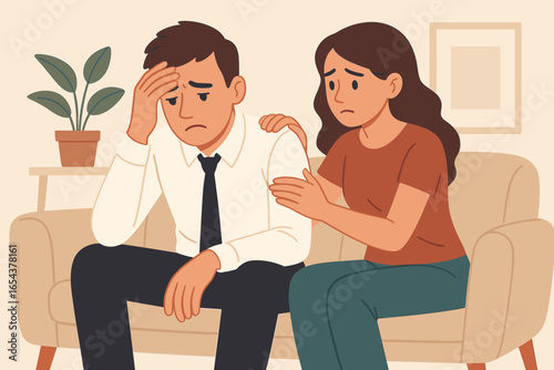 Woman comforting depressed man. Husband feeling frustrated and overworked. Wife supports her sad spouse. Mental health, depression, and relationship problems concept vector.