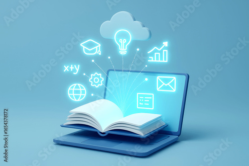 Open Book on Laptop Displaying Digital Learning Icons and Cloud Symbol education technology