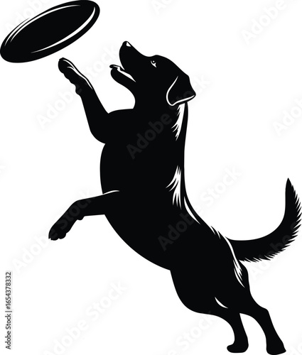 Jumping Labrador Dog Catching Frisbee – Black and White Vector Silhouette
