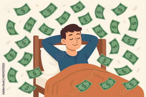 Passive income and making money while you sleep concept. Relaxed man in bed with raining dollar bills. Financial freedom, investment success, wealth, and salary vector.