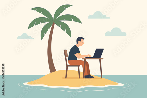 Man works on laptop on a deserted island. Remote work, digital nomad, freelancer concept. Working in peace, silence, and solitude. Escapism, focus, and quiet concentration.