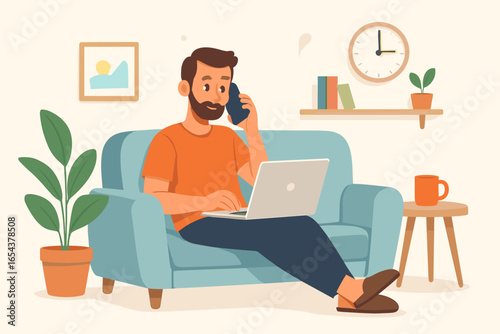 Man working from home on laptop and phone. Freelancer character sitting on sofa. Remote work, home office, telecommuting concept. Vector flat cartoon illustration design.