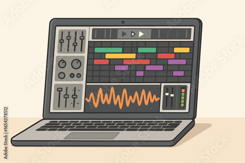 Laptop with digital audio workstation. Music software user interface on screen. Concept for audio creation, sound engineering, beat making, mixing. Sequencer, waveform elements.