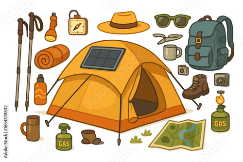 Camping gear set for summer outdoor adventure. Vector illustration collection of tourist equipment with solar panel tent, backpack, map, compass, and hiking items. Flat cartoon icon pack.