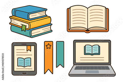 E-learning and education concept. Vector icon set for study. Stack of books, open textbook, e-reader, laptop. Bookmark for digital library or traditional paper reading.