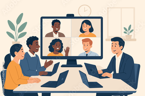Hybrid work online meeting. Team having remote business conference in office on computers. Video call with colleagues on screen. Digital teamwork communication concept vector.