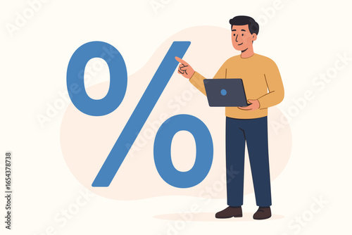 Man with laptop computer pointing at percent symbol. Financial work concept for calculating finances, tax, budget, or loan interest rates. Business growth, discount, sale, profit.