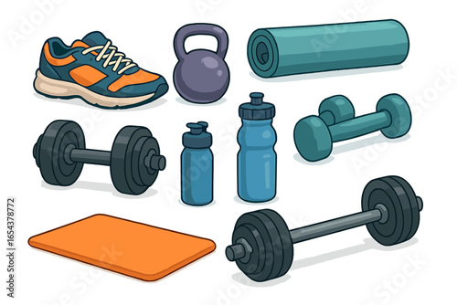 Fitness and gym equipment vector icon set. Cartoon collection for workout, sport, and healthy lifestyle. Includes dumbbell, barbell, kettlebell, yoga mat, sneaker, and bottle.