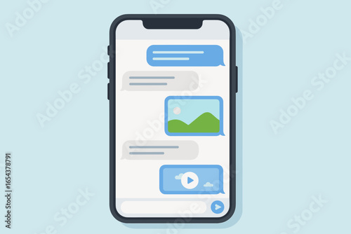 Phone text messages on smartphone screen. Chat conversation with photo and video sending. Digital communication concept. Social media or messenger app interface vector illustration.