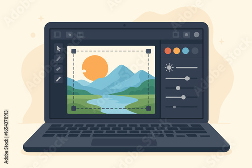 Photo editing software on laptop screen. Concept of digital art, graphic design, and photography retouching. User interface with tools for image processing and color correction.