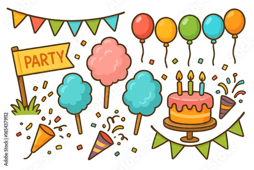 Set of party elements for birthday celebration. Vector cartoon illustration with cake, balloons, cotton candy, confetti poppers, and flags. Cute festive outdoor event icons.