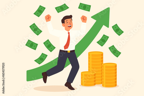 Happy businessman celebrating financial success. Man getting rich with money rain and stacks of coins. Green arrow up signifies profit, growth, investment return and success.