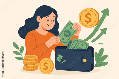 Return on investment and savings. Woman putting money in wallet, investing for great benefits. Making money and passive income for financial growth and freedom. Success.