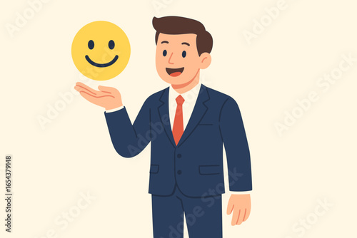 Businessman holding a smiley face emoji. Concept for positive feedback, customer satisfaction, employee morale. Happy man showing good review, encouragement and motivation at work.