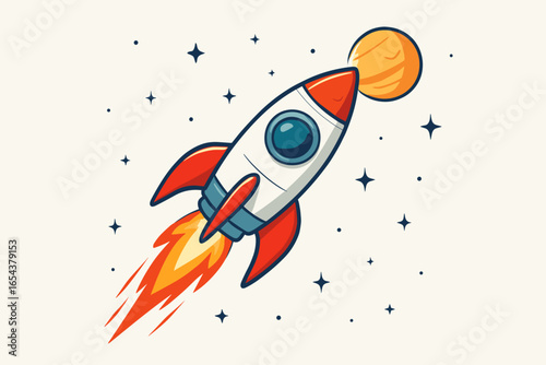 Cartoon rocket ship launch in space. Spaceship flying to a planet with stars. Vector illustration for business startup metaphor, success, mission, and growth concepts.