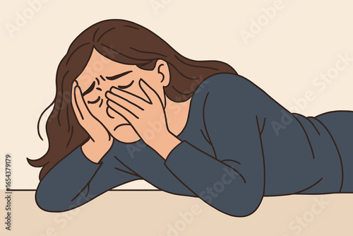 Sad tired exhausted woman laying down covering face. Concept of depression, anxiety, burnout, grief, loneliness. Mental health problem. Emotional stress. Vector illustration.