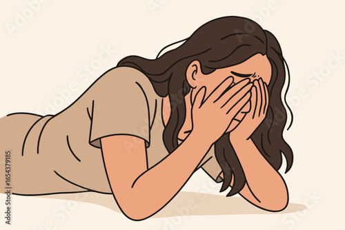 Sad tired exhausted woman covering her face with hands. Unhappy female person lying down. Concept of depression, anxiety, burnout, stress, grief. Mental health problem, negative emotion.