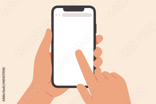 Hand holding phone with blank screen for mockup. Finger touching, tapping or scrolling on the mobile smartphone. Empty browser user interface. Flat vector cartoon illustration.