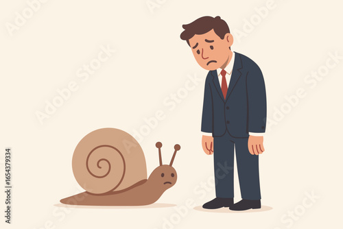 Slow business and career metaphor. Sad, bored businessman with snail symbolizes no progress. Concept of procrastination, inefficiency, stagnation, and unfulfilled potential.