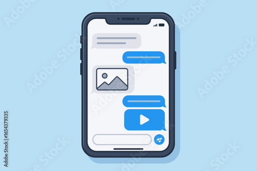 Phone text messages. Smartphone screen with chat, texting sms and sending photos and videos. Digital communication. Online conversation, dialogue bubbles. Vector illustration.