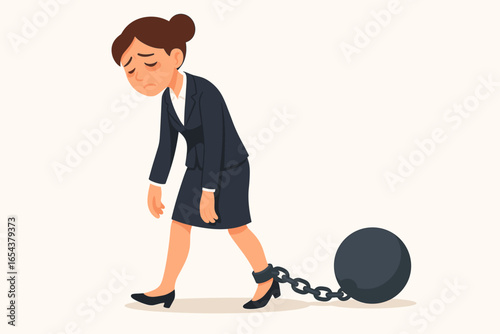 Businesswoman with ball and chain metaphor for burnout, stress, and exhaustion. Overworked, tired employee concept. Fatigue, depression from deadlines and debt. Professional slavery.