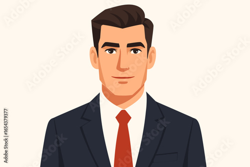 Portrait of a confident young businessman in a suit. Vector illustration of a sharp-dressed professional man. Face and upper body headshot for business concepts. Flat design cartoon avatar.