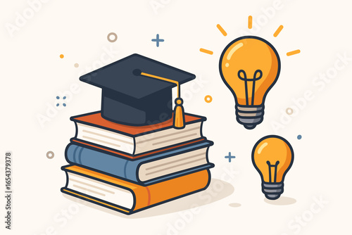 Education concept illustration with graduation cap on books and light bulbs. Symbol of knowledge, academic success, wisdom, learning and new ideas. University degree vector design.