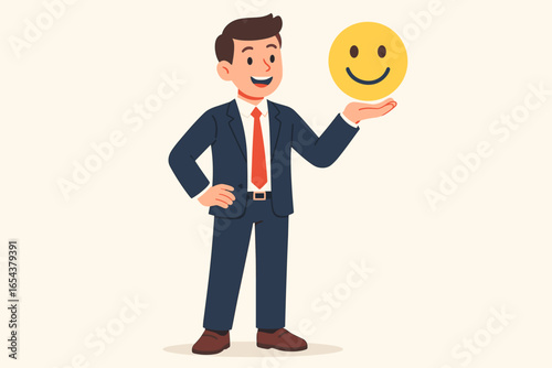 Businessman holding a smiley face emoji. Positive business concept. Customer satisfaction and positive feedback metaphor. Good rating, happy service, encouragement and motivation.