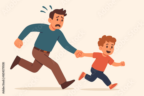 Stressed father running late with son. Anxious dad holding child's hand in a hurry. Parenting time crunch and pressure concept. Deadline rush. Family life vector cartoon.