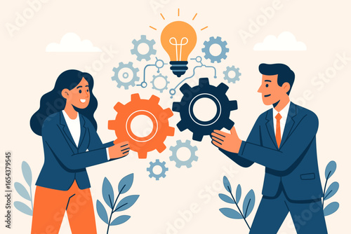 Business teamwork problem solving metaphor. Colleagues working together connecting cogwheels. Partnership, cooperation and solution finding with gears and idea lightbulb innovation.