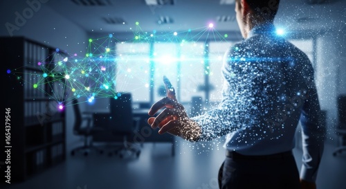 A symbolic illustration of a professional transitioning from a traditional career to the field of artificial intelligence and machine learning showcasing personal growth digital