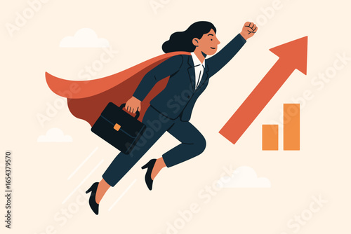 Super businesswoman concept. Woman in business flying with superhero cape towards success. Powerful female leadership metaphor. Career growth and financial achievement vector.